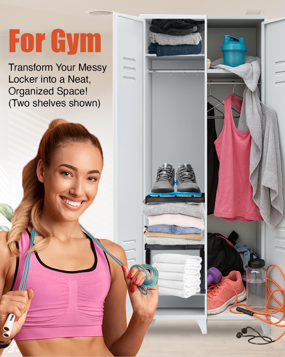 Piffny Locker Organizer Shelf， Adjustable Width and Height, Stackable, Ideal Locker Shelf for School, Office, Gym Lockers, or Even Kitchen Cabinets & Under Sink Organization (Black 1 Pack)