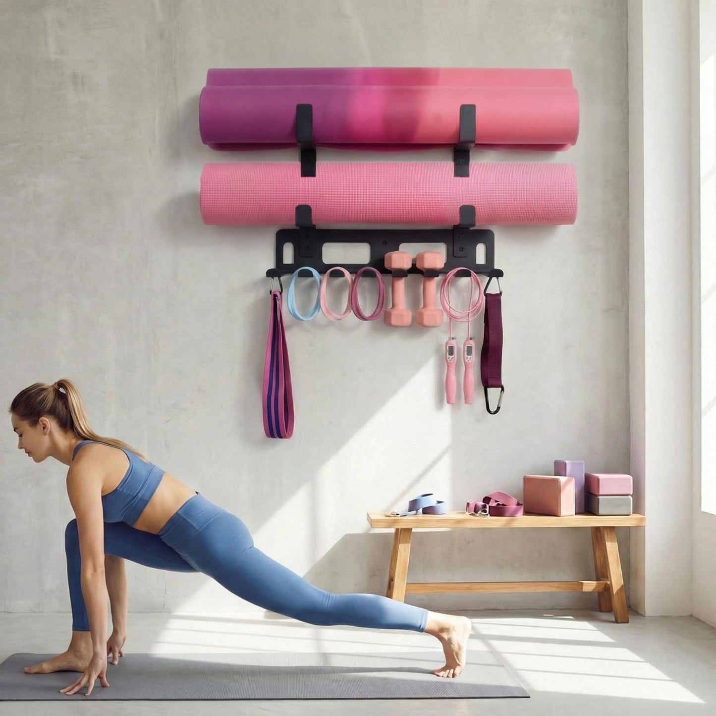 Novabright Gym Storage Rack Resistance Band Rack Multi Purpose Wall Mount for Home 8 Hook Wall Hanger Display with 4 Adjustable Hooks for Gym Equipment, Exercise Bands, Lifting Belts and Jump Ropes