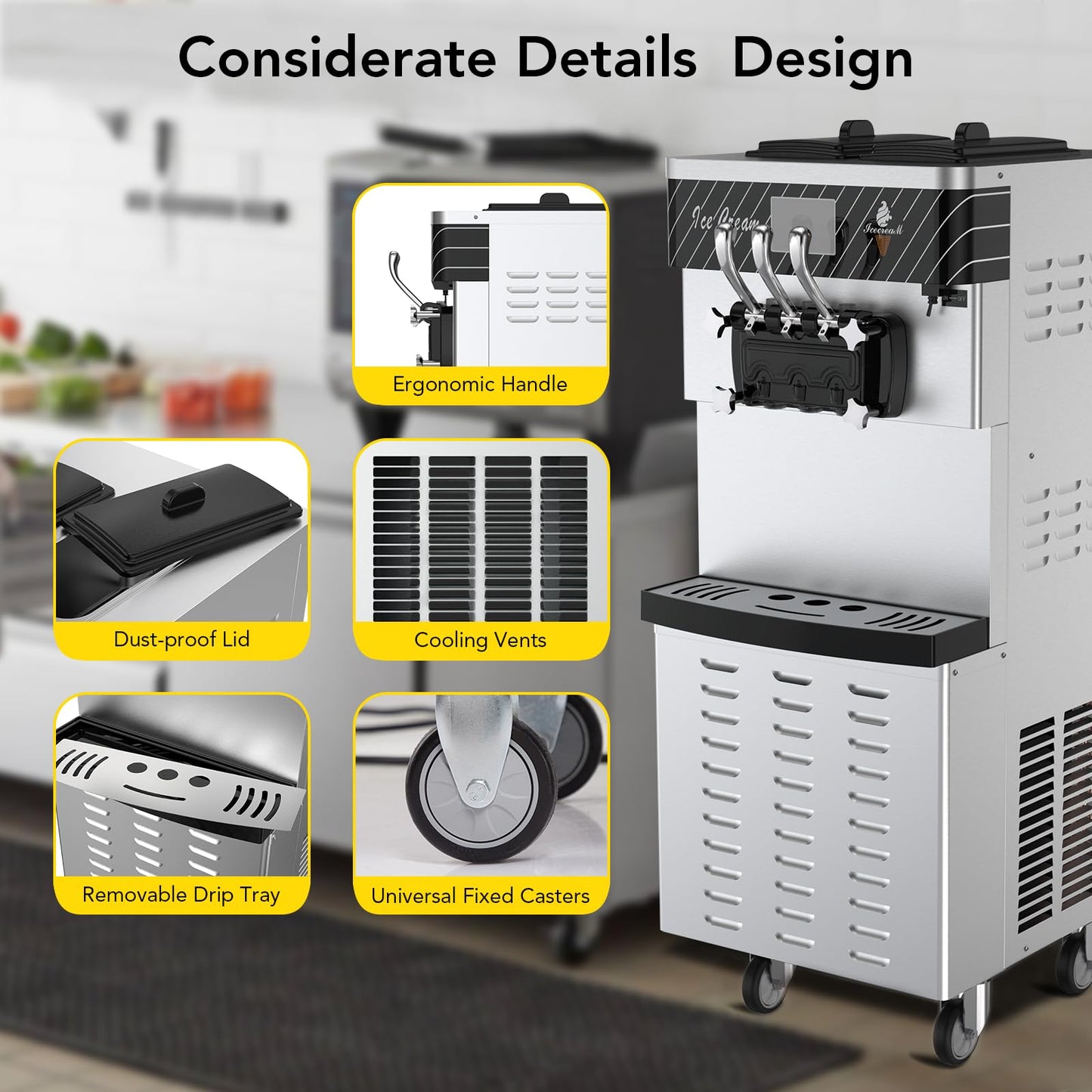MilleLoom 2450W Commercial Soft Ice Cream Machine 3 Flavors 5.8 to 8.2 Gallon Per Hour PreCooling At Night Auto Clean LCDPanel for Restaurants Snack Bar, Sliver