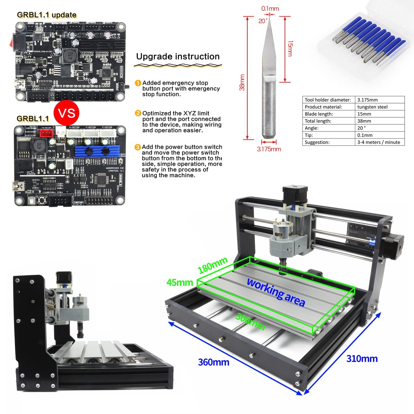 RATTMMOTOR DIY CNC Router Kit, 3 Axis Hobby CNC Router Machine GRBL Control, Plastic Acrylic PVC PCB Wood Mini Desktop Engraving Milling Carving Machine, Working Area 300x180x45mm
