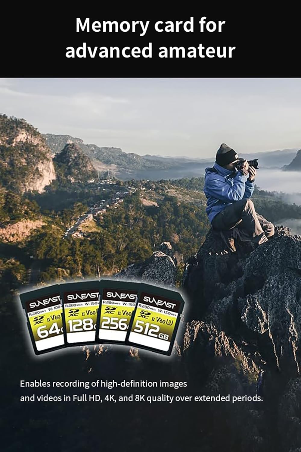SUNEAST 64GB 280MB/s, 100MB/s V60, C10, U3, 4K 60fps Ultimate Pro SDXC UHS-II Memory Card Up to Write, High Speed SD