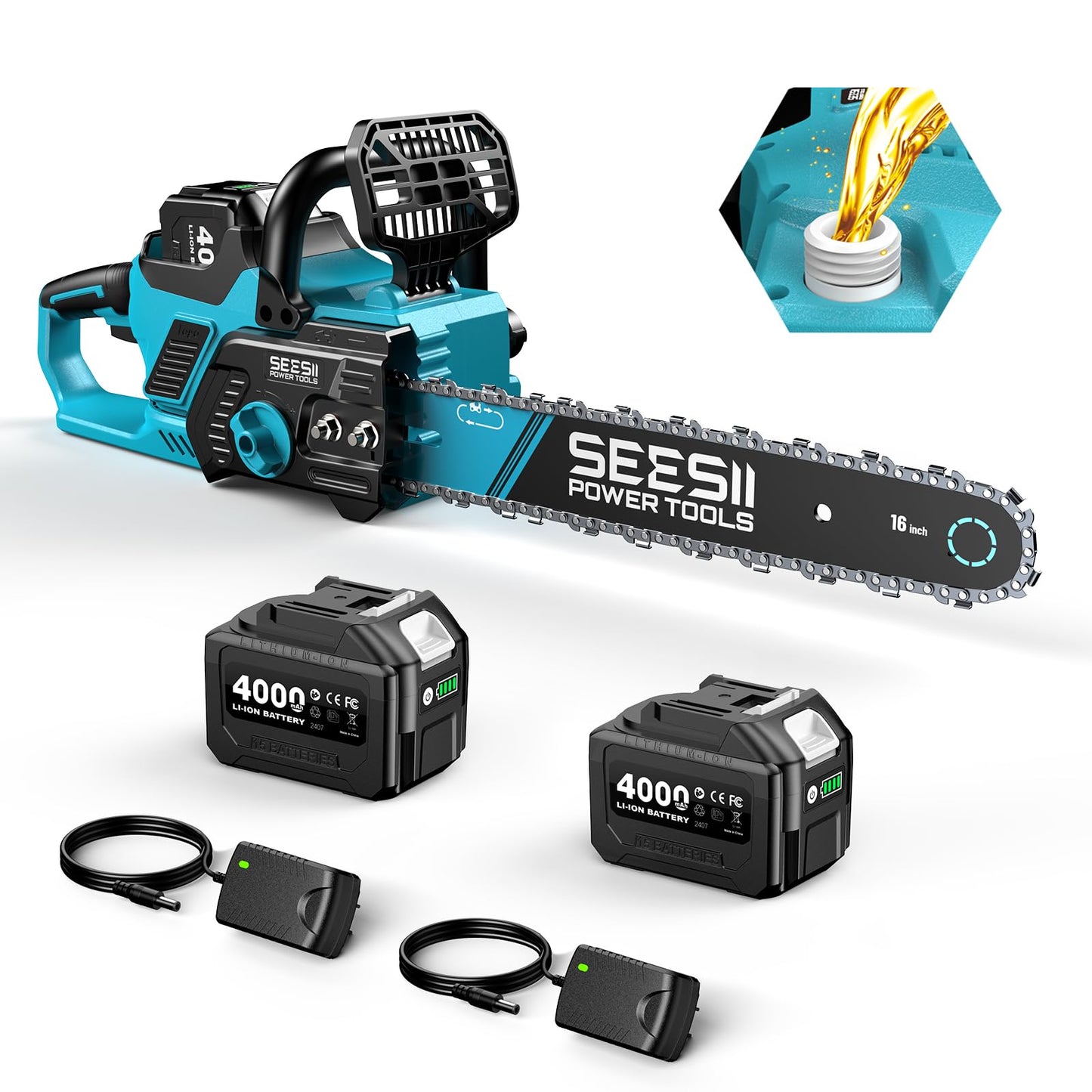 SEESII 40V 16-Inch Cordless Chainsaw: Brushless Electric Chain Saws with 2×4.0Ah Batteries & Charger, Tool-Free Chain Tension, Auto Oiling, for Tree Trimming, Wood Cutting, Yard Work