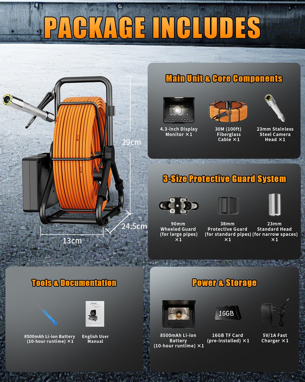 Sewer Camera 100ft, Drain Camera 4.3" with 23mm 1080P Probe, 8500mAh, 32GB Audio & Video Record, IP68 Waterproof for Drain Pipe, Plumbing & Industrial Inspection, Endoscope Camera with Light(12 LEDs)
