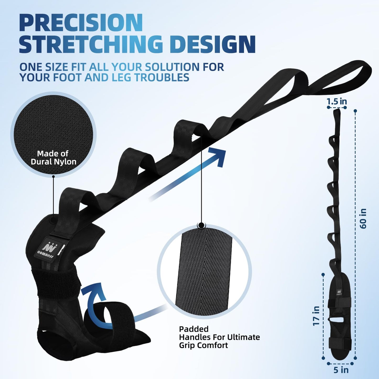 comness Foot and Calf Stretcher-Stretching Strap For Plantar Fasciitis, Heel Spurs, Foot Drop, Achilles Tendonitis & Hamstring. Yoga Foot & Leg Stretch Strap. (Black)