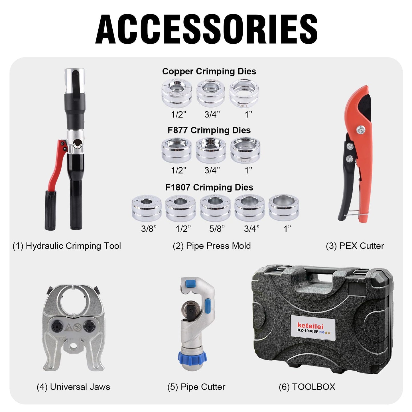 ketailei Hydraulic Crimping Tool | 65MPa Auto Pressure Relief | 1/2"-1" Dies for Copper Pipes & F877 PEX Sleeves | 3/8"-1" Dies for ASTM F1807 PEX Rings（KZ-1930SF）