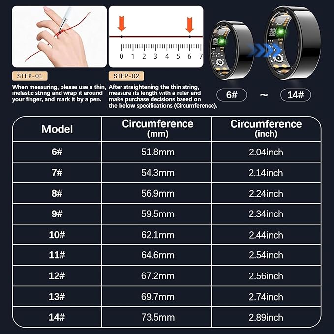 Ring Health Tracker for Women Men, Fit Ring with Heart Rate, Blood Oxygen, Sleep Monitor, Calories, Step Counter, IP68 Waterproof Smart Ring for iPhone & Android, No Subscription Fee (Black, 13#)