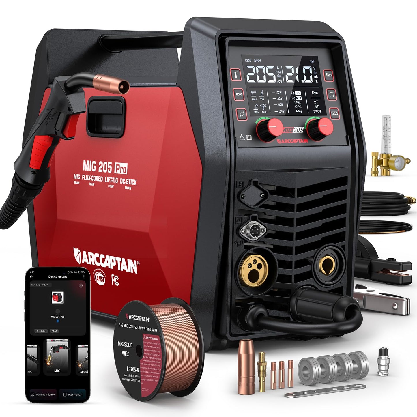 ARCCAPTAIN iControl MIG205 Pro MIG Welder 205A 120V 240V Gas MIG/Gasless Flux MIG/MMA Stick/Lift TIG/Spot Welding/Spool Gun Aluminum Welding Machine, 6 in 1 Professional Welder Machine, APP Control