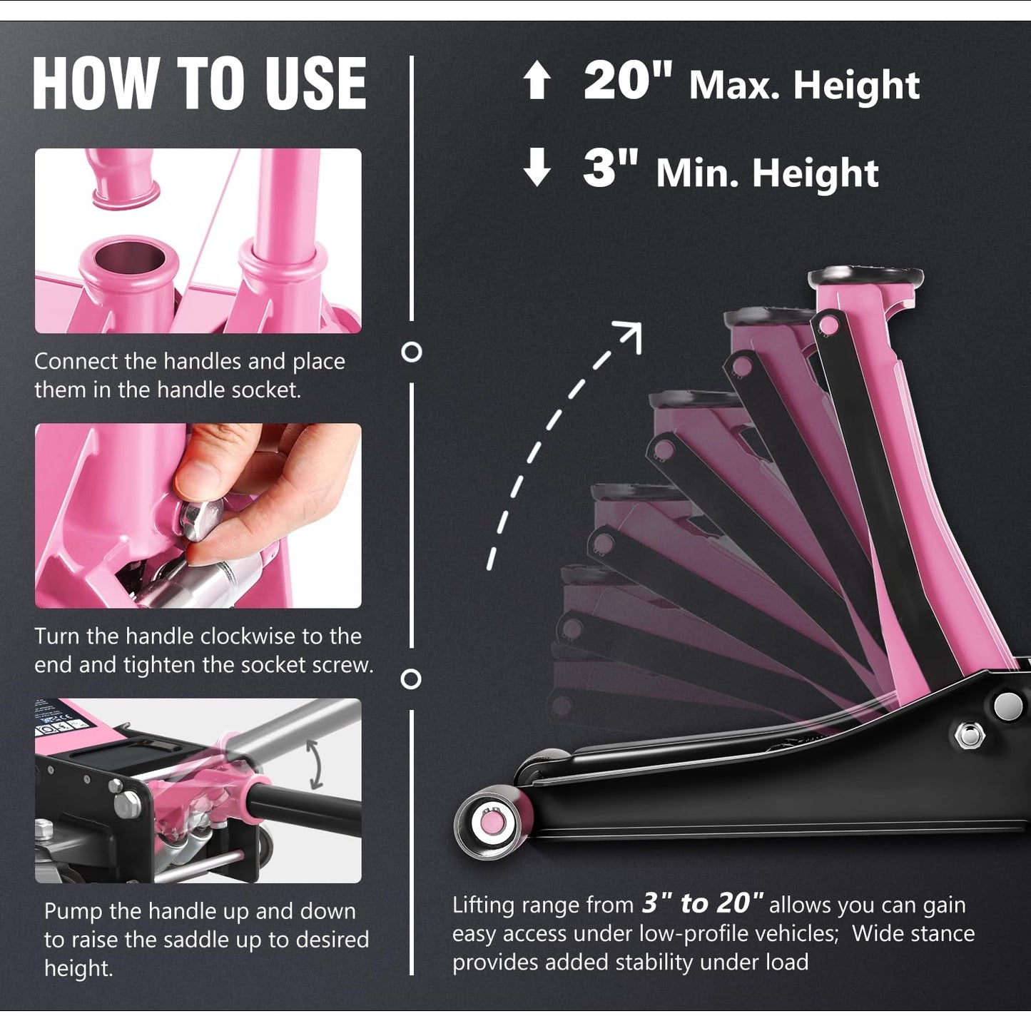 DNA Motoring Low Profile Hydraulic Trolley Service/Floor Jack, 3 Ton (6000 lbs) Capacity, Lifting Range 3"-20", Pink, TOOLS-00475-PK