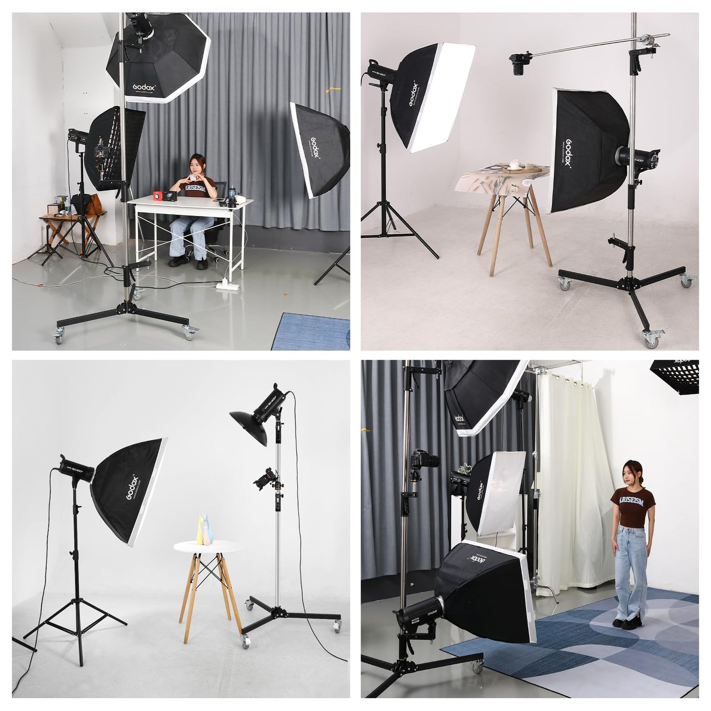 Heavy Duty Pistol Grip Stand, 2.5m/8.2ft Photography Rolling Light Stand with Casters & A Sliding Arm Max Loading: 20kg/44lb Stainless Steel for Photography Studio Monolight Softbox