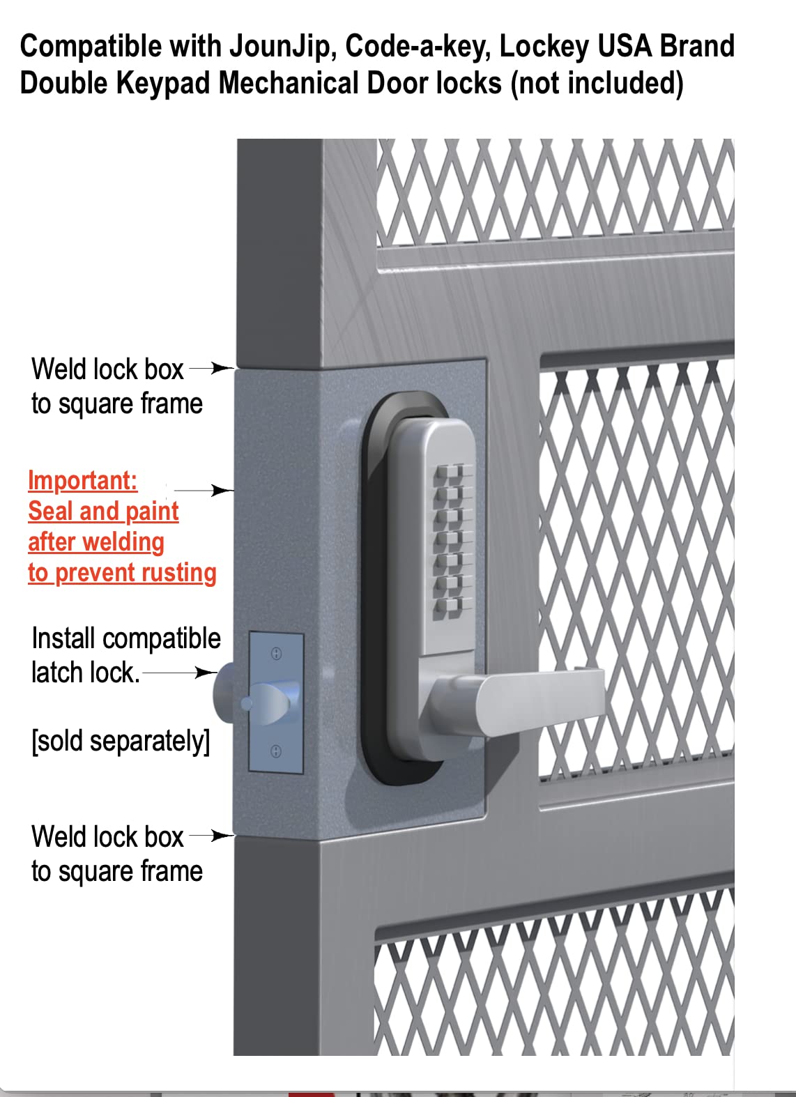 JOUNJIP GB2020 Gate Lock Box Steel Gate Box (1 3/4" Thickness) - for All JOUNJIP Mechanical Combination Locks - for Metal Gates and Fence (NOT for Aluminum GATE) - 2 3/8" Inch 60mm Backset