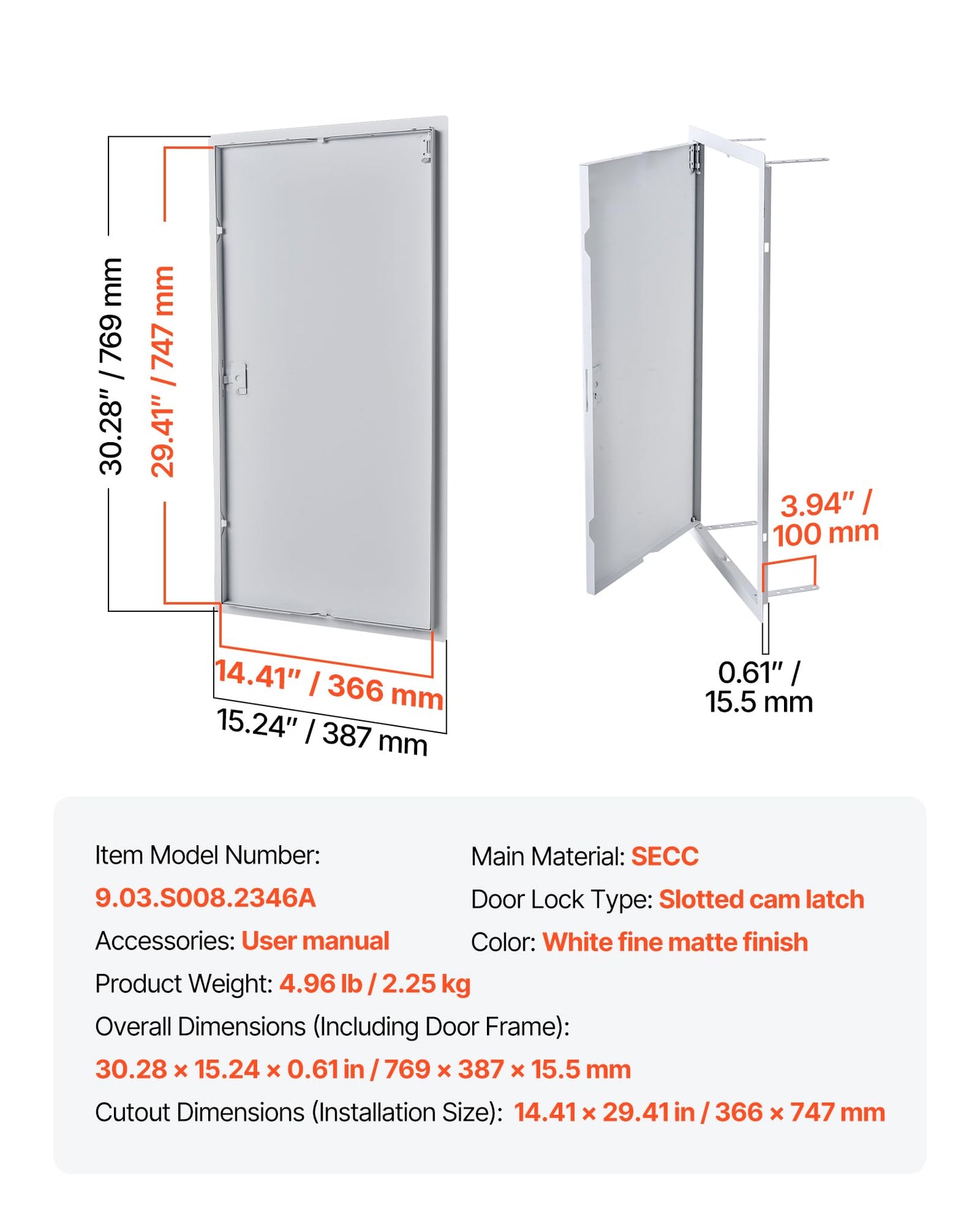 VEVOR Access Panel for Drywall, 30.3 x 15.2 in Galvanized Steel Access Door, Easy Install Hinged Service Panel with Screwdriver Latch, for Ceiling Plumbing Electrical, 14.4 x 29.4 in Cutout Size White