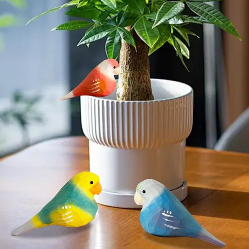 LWINGFLYER Hand-Carved Wooden Bird Figurines - Vibrant Miniature Statues for Home Decor (3PCS Parrot)