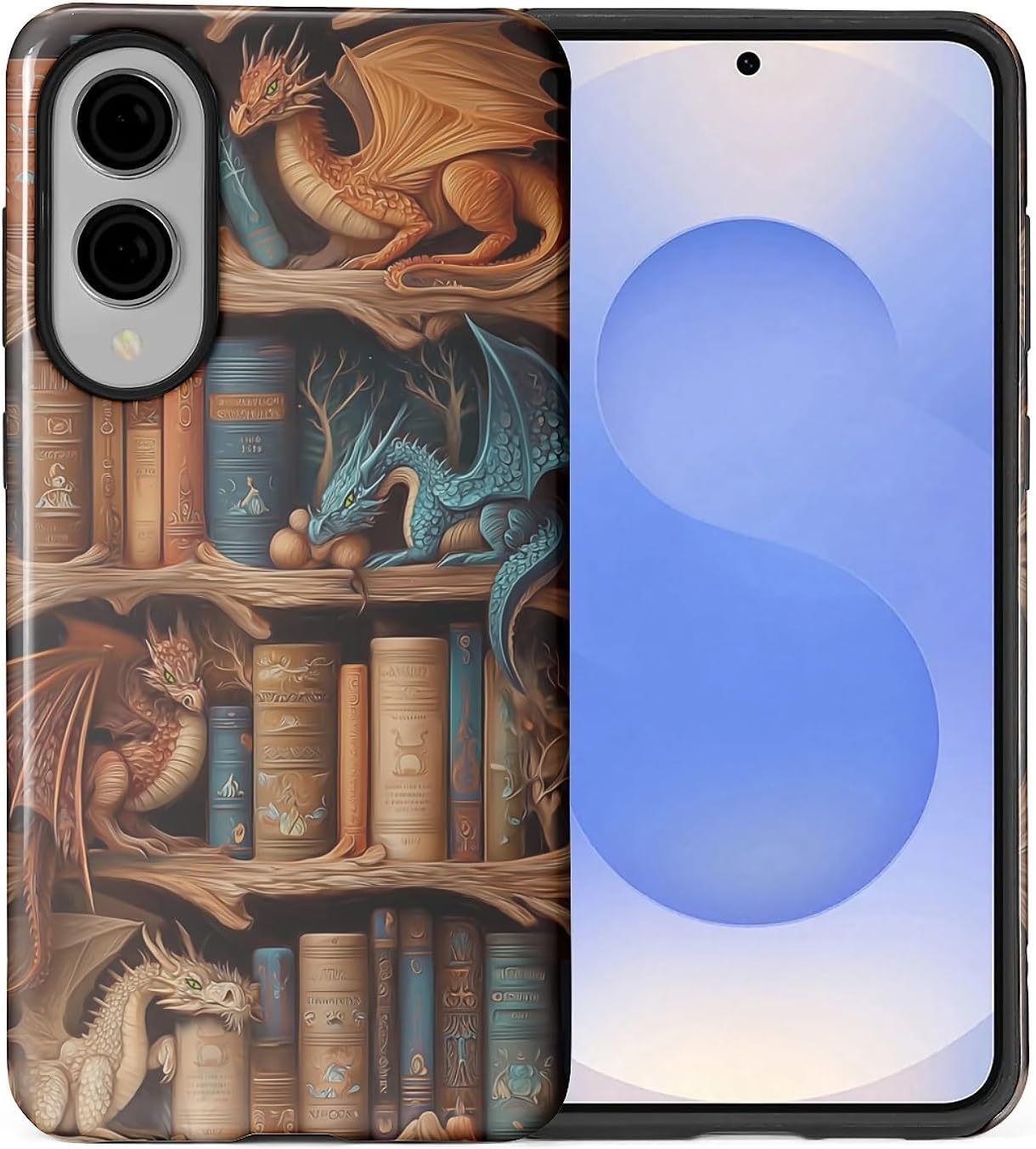 CARLOCA S25 Case for Samsung Galaxy Edge,Bookish Dragon Bookshelf Design- Hybrid Dual Protection Soft TPU + Hard PC