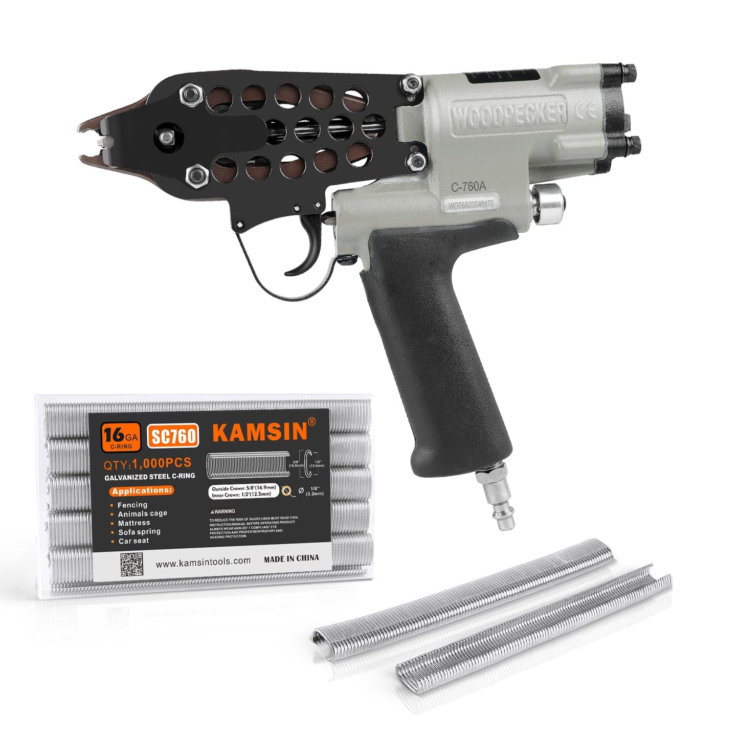 Woodpecker C-760A 16 Gauge Pneumatic Hog Ring Gun Kit, 1/2-Inch Crown, with 1000PCS Hog Ring Staples, 3.0-4.0mm Closing Diameter, Air Hog Ring Plier Tool, C Ring Gun for Cages, Fencing, Car Seat