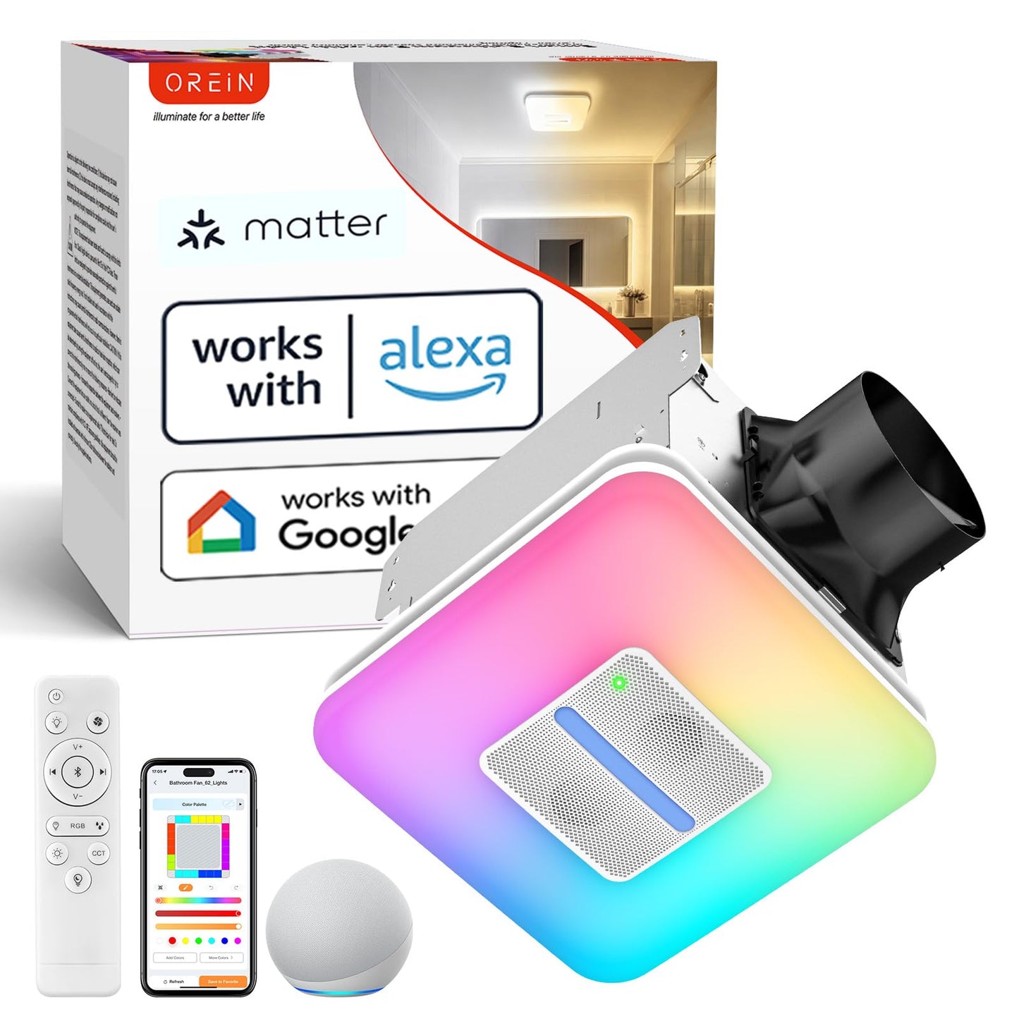 OREiN Matter Smart Bathroom Fan with Light – Humidity Sensor, 130–160 CFM Ventilation, Ultra-Quiet 1.0 Sone, Tunable White & Custom RGB, Dual Bluetooth Speakers, Compatible with Alexa & Google Home