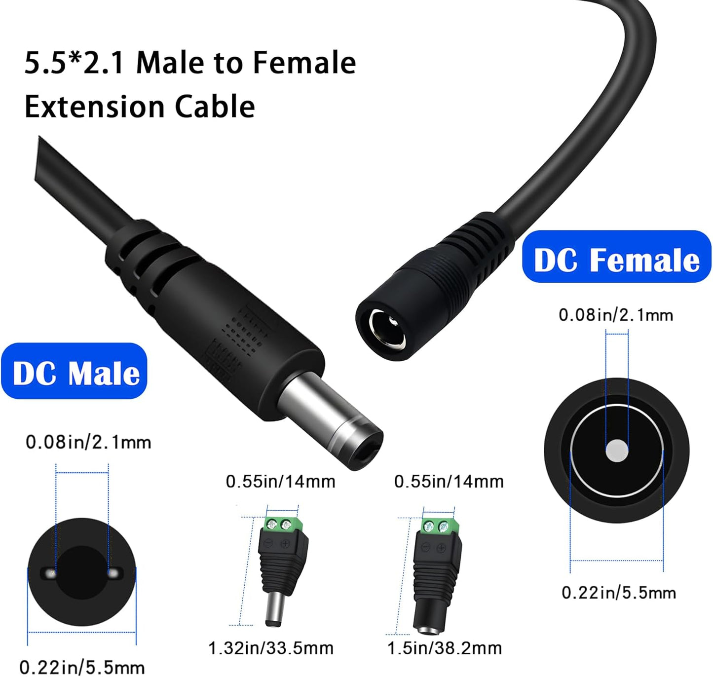 Dianrui 4 33FT(10M) 5.5mm 2.1mm 12V (2 2 PCS Dc Power Extension Cable, x Dc Extension Cord Power Adapter for Security