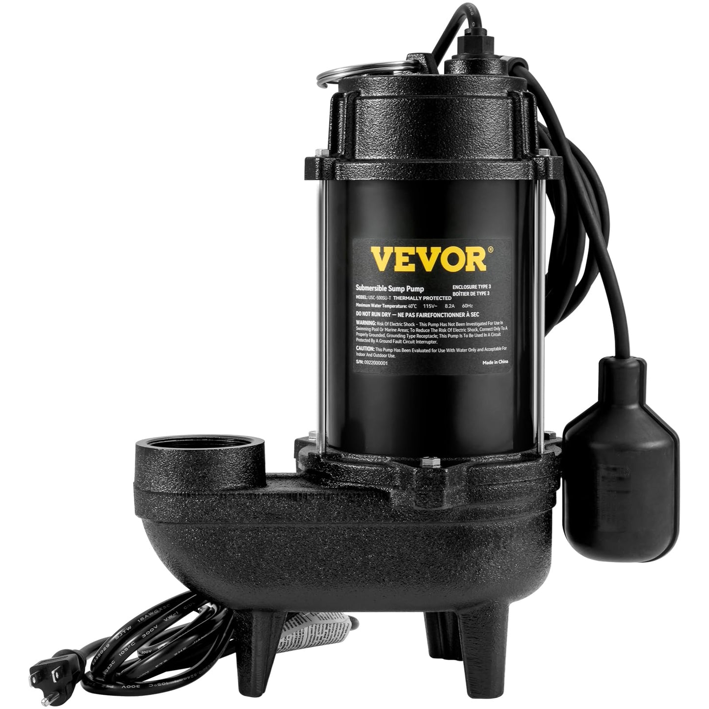 VEVOR 3/4 HP Submersible Sewage Pump, Cast Iron Submersible Sump Pump, Wear-proof Cast Iron Construction, with Tethered Float Switch, 10 FT Power Cord