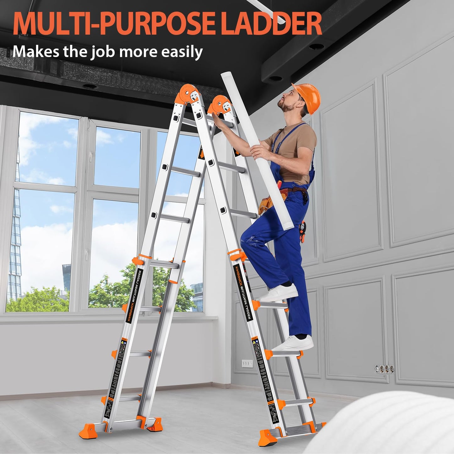KINGRACK Ladder, A Frame 4 Step Extension Ladder, 11.4 Ft Anti-Slip Multi Position Ladder with Stabilizer Bar, 330 lbs Security Load Telescoping Aluminum Ladders for Stairs Home Outdoor Roof Work