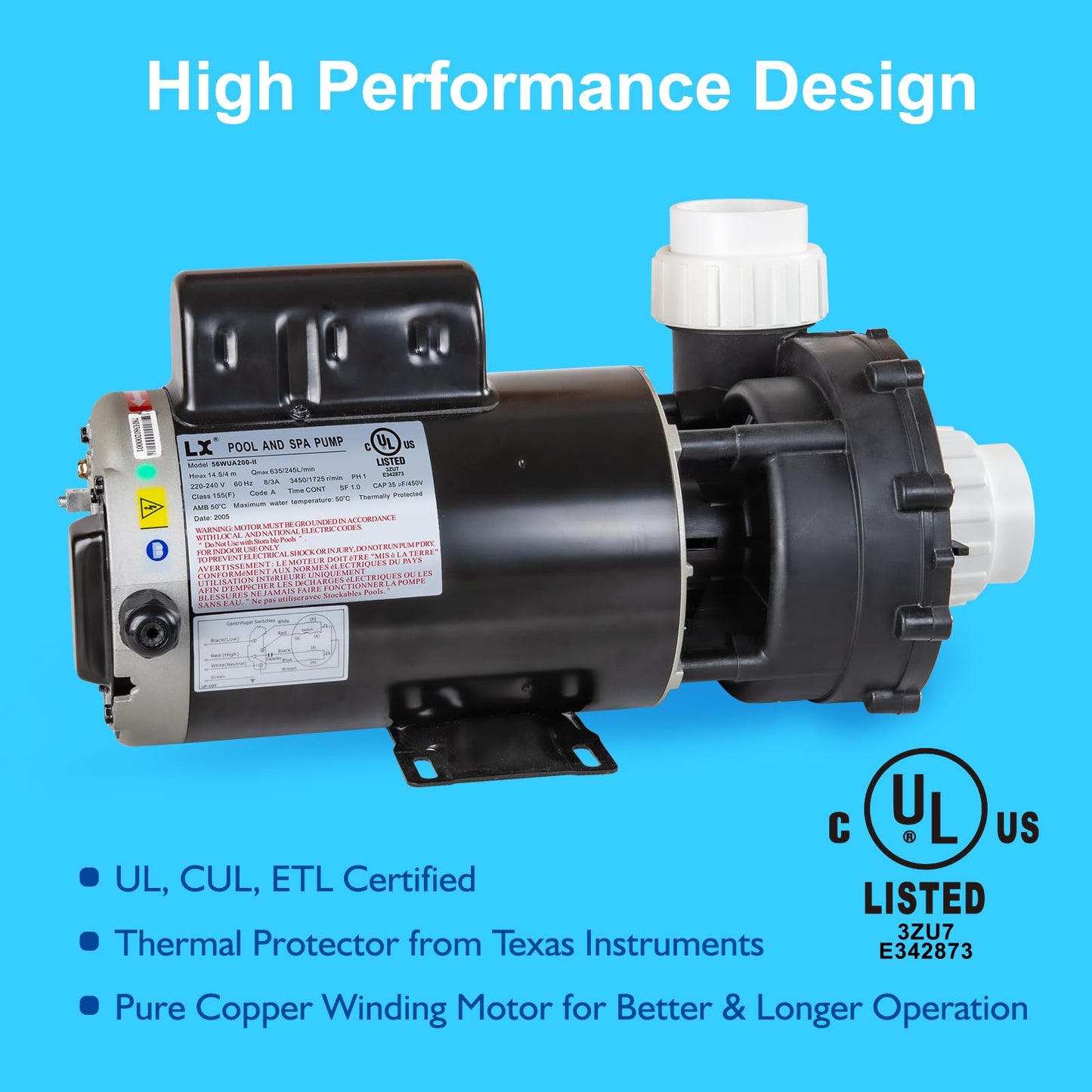 LINGXIAO WUA200-II SPA Pump, 2 Speed Hot Tub Pumps 2HP - LX SPA Pump Motor 220V-240V, 2" Port, 56 Frame (Mode:56WUA200-II）