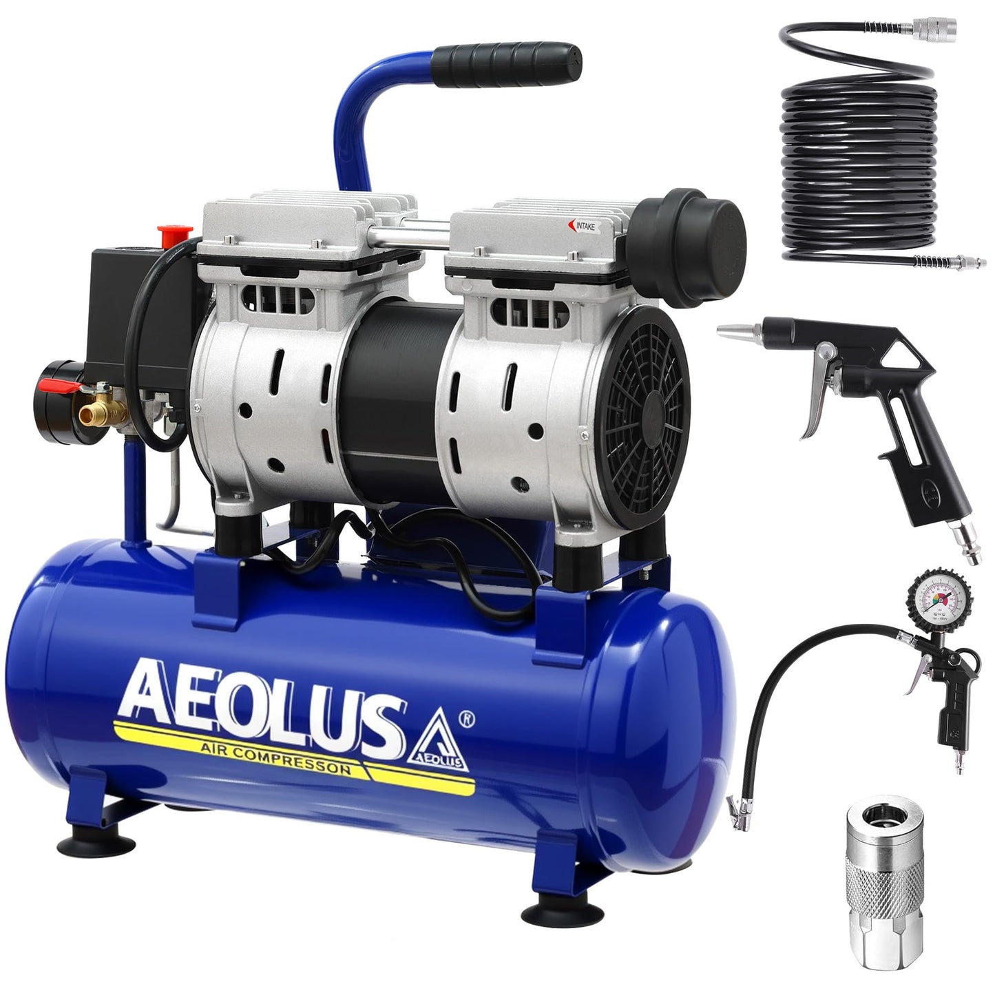 AEOLUS A Ultra Quiet Air Compressor, 65dB, Oil-Free, Quick Couplers,115PSI, Portable Electric for Car and Bike Tires, Nail Gun, and Pneumatic Tools, Garage, Shop (Accessories Kit)
