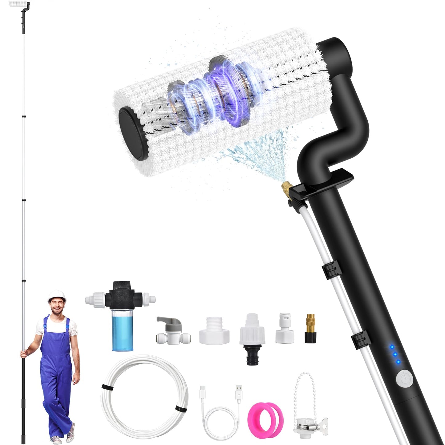 Electric Solar Panel Cleaning Kit, 20FT Solar Panel Cleaning Brush and Pole with Soap Dispenser, Telescopic Water Fed Pole, Solar Panel Cleaner Solution for Windows, Roof, RV