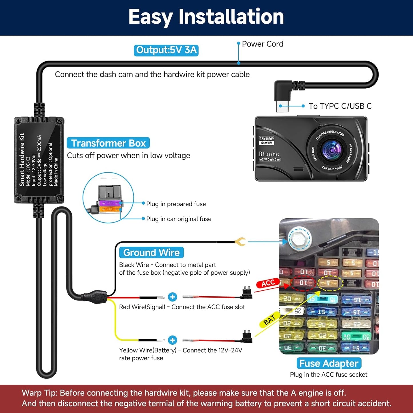 Biuone Kit,11.5ft 3-Lead 12V-24V 5V Upgraded Dash Cam Hardwire Acc Hardwire Kit for Dash Camera Type C Hard Wire Kit