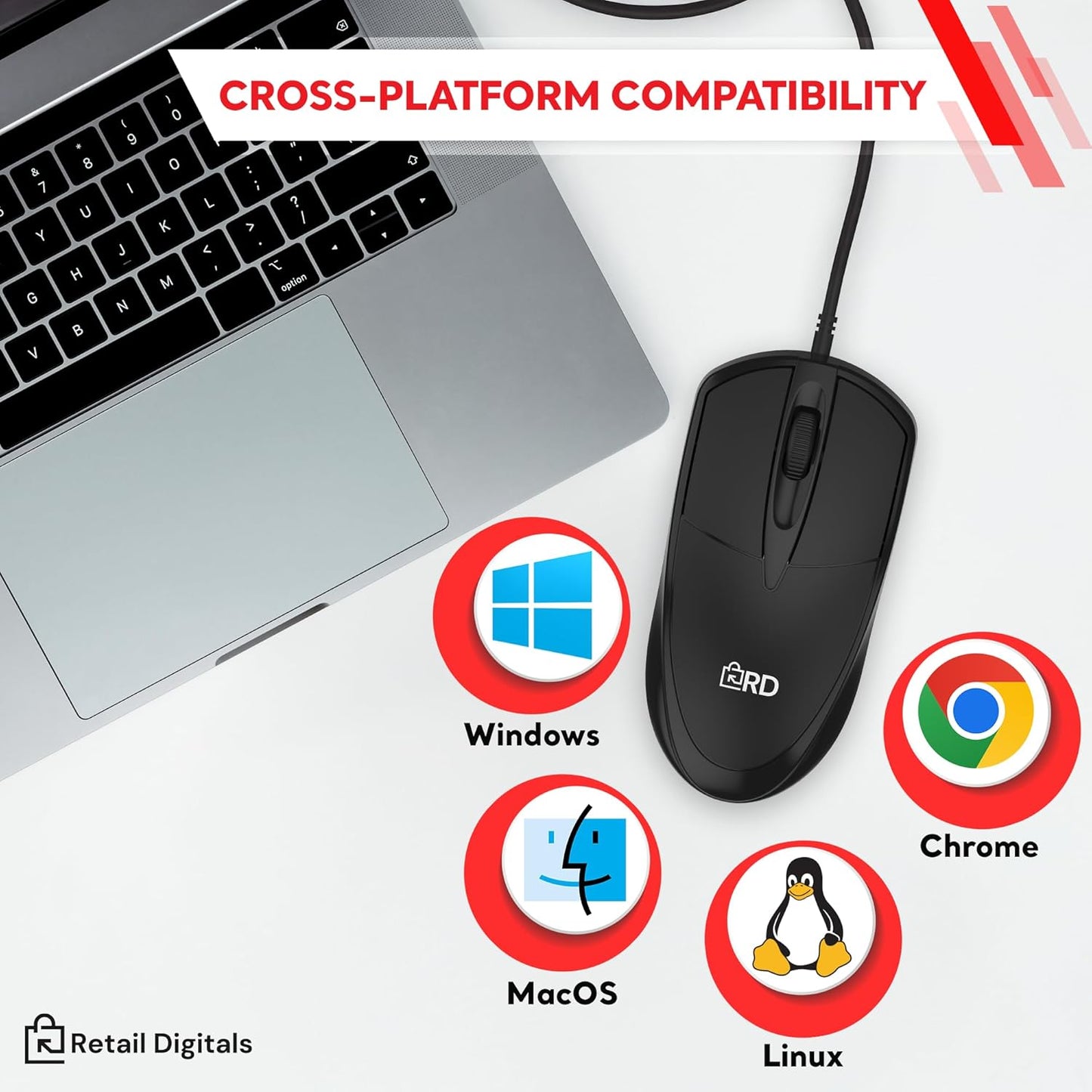 Retail Digitals 3-Button USB Wired Mouse | High-Precision Optical Tracking | Durable for Desktop & Laptop | Black