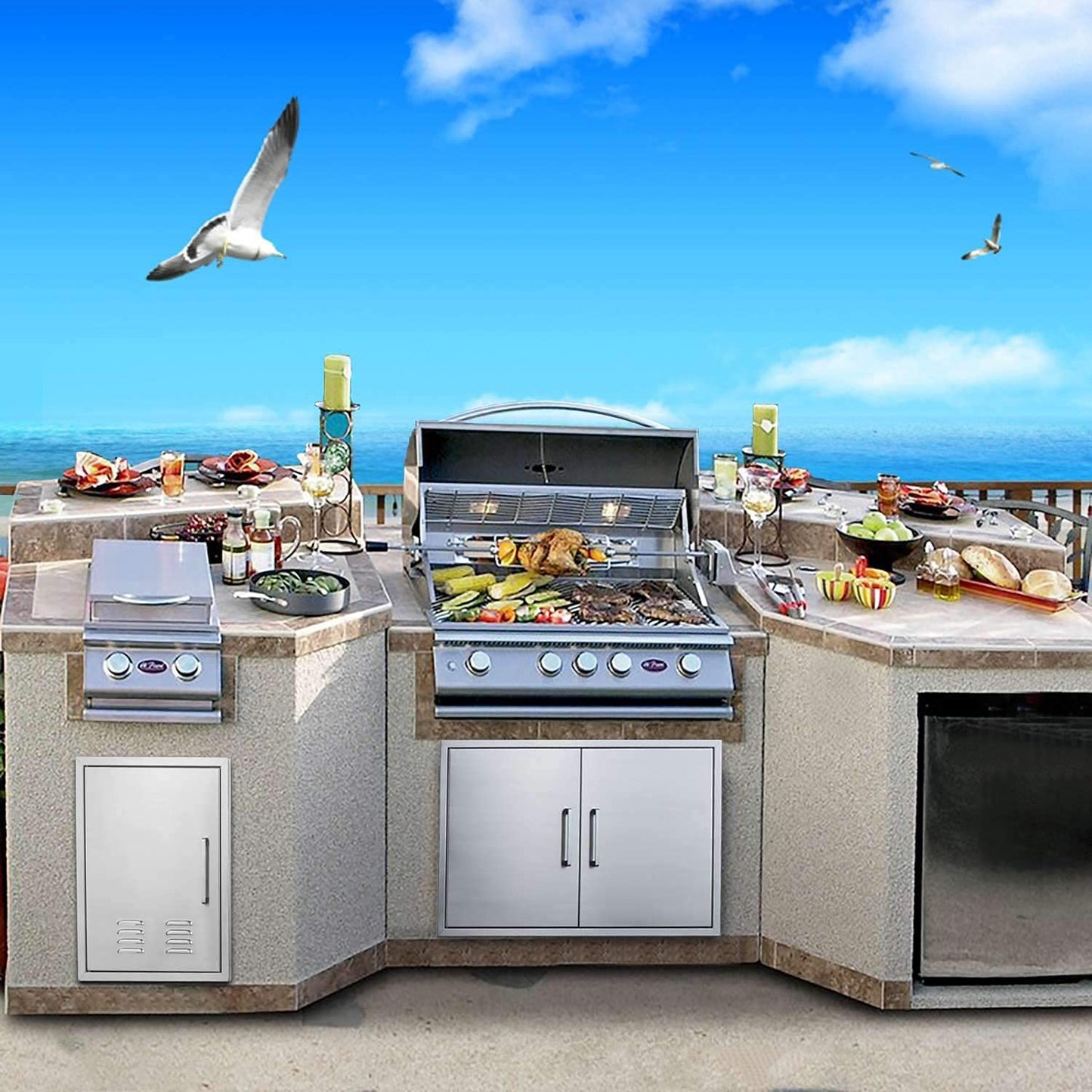 Outdoor Kitchen Doors- 30" W x 21" H - Stainless Steel BBQ Double Access Door,Flush Mount for Outdoor Kitchen and BBQ Island