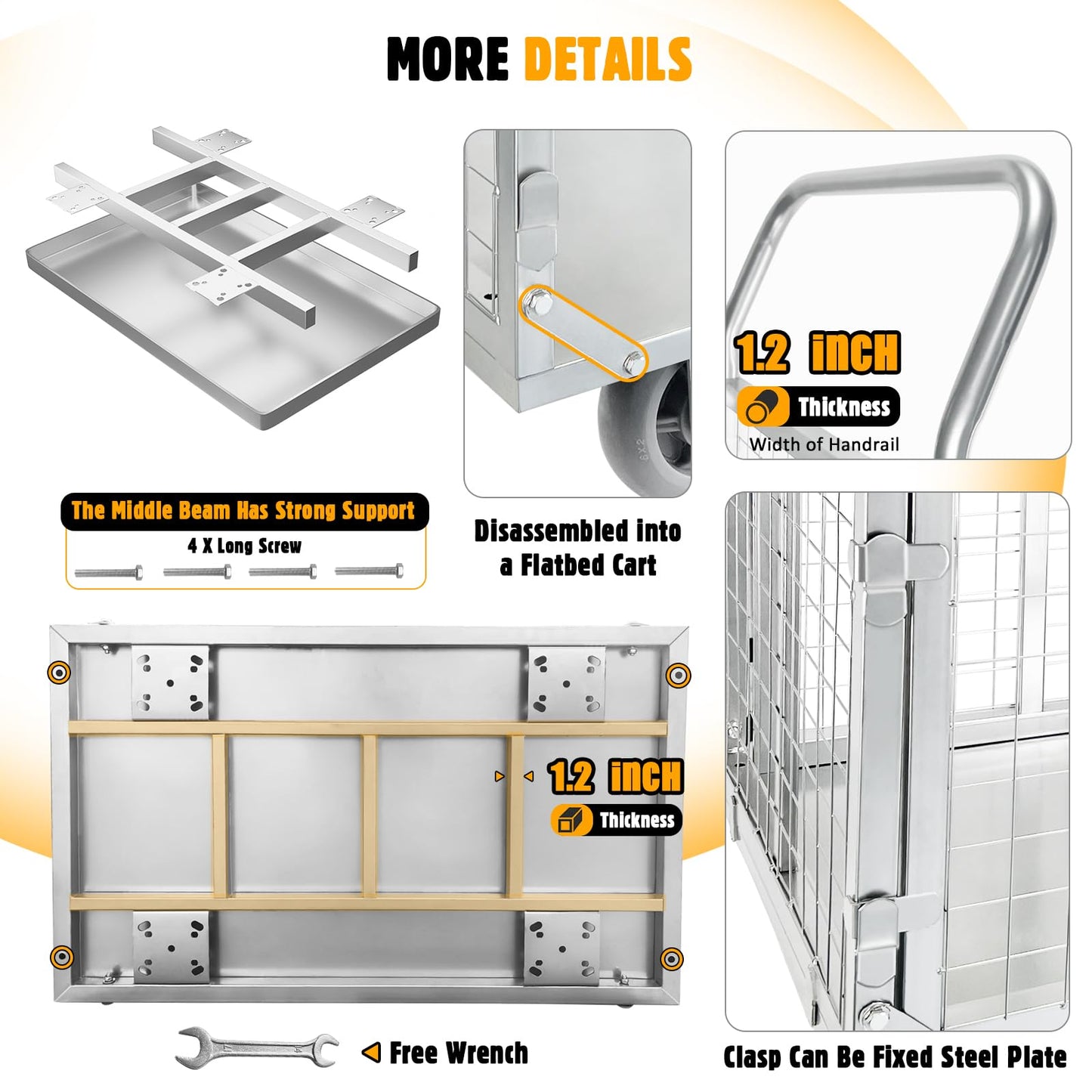 Platform Truck Cart with Cage, Multipurpose 6 in1 Foldable Flatbed Cart Heavy Duty Push Cart Dolly W/Swivel Wheels 2000lbs Capacity Utility Hand Cart for Grocery/Laundry/Stall/Storage
