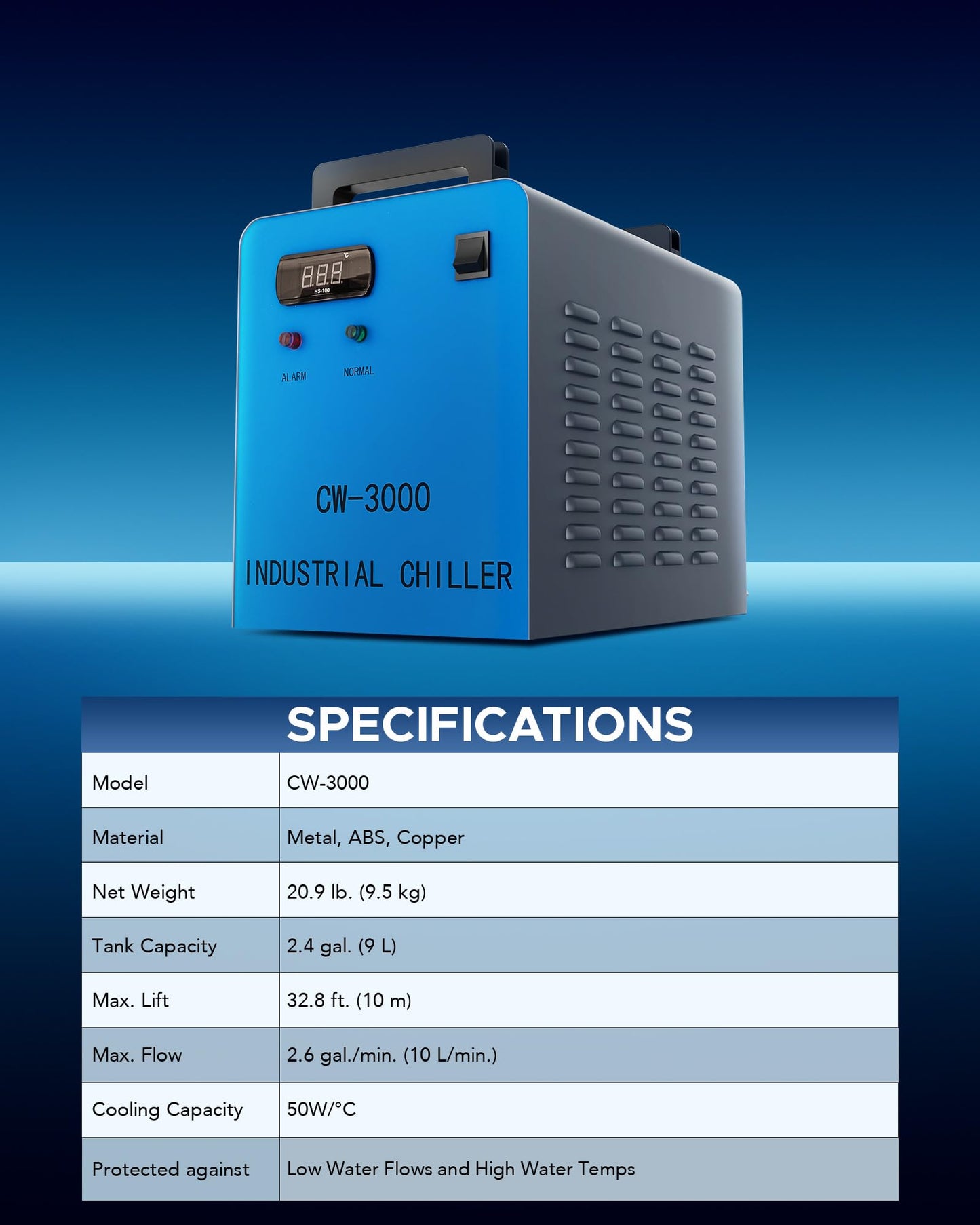 OMTECH 9L Industrial Water Chiller 2.6gpm CW-3000 Water Cooler for 40W K40 CO2 Laser Engraving & Cutting Machines, Water Cooling System Radiates 50W of Heat per Degree C