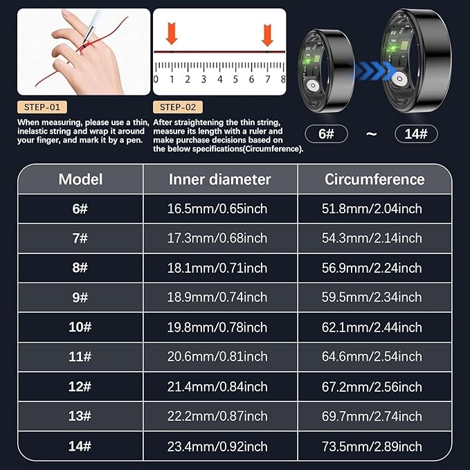 Health Tracker Ring, Smart Health Ring for Women Men with Heart Rate, Blood Oxygen, Sleep Monitor, Steps,Calories, No Subscription Fee, IP68 Waterproof Smart Ring for iPhone & Android (Black, 8#)