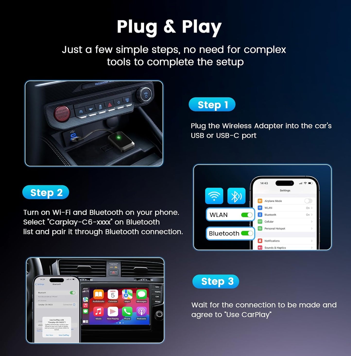 Lincisoonic 2016+ 10+ Wireless CarPlay Adapter for iPhone Plug-and-Play with USB-A Extension & USB-C Connector, Zero
