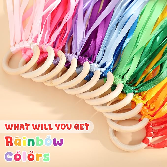 Junkin Ribbon Rings Hand Kite Waldorf Toys Dancing Wrist Ribbons Rainbow Streamers with Wood Ring Sensory Learning Educational Toy for Playroom Dancing Birthday Party Gift(Solid Color,24 Pcs)