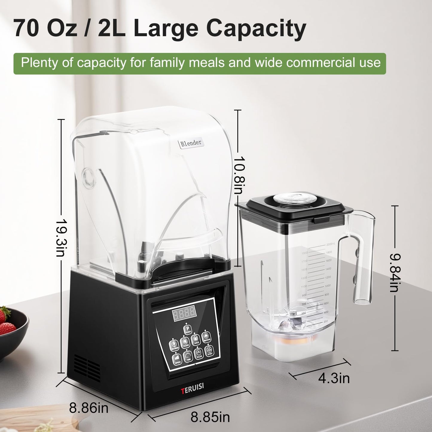 TERUISI Commercial Blender, 2200W 2.95 HP Professional Blender with Quiet PC Sound Enclosure, 70 Oz / 2L Large Heavy Duty Blenders with 9 Speeds, Timer, Self-Cleaning, 5 Presets For Shake and Smoothie