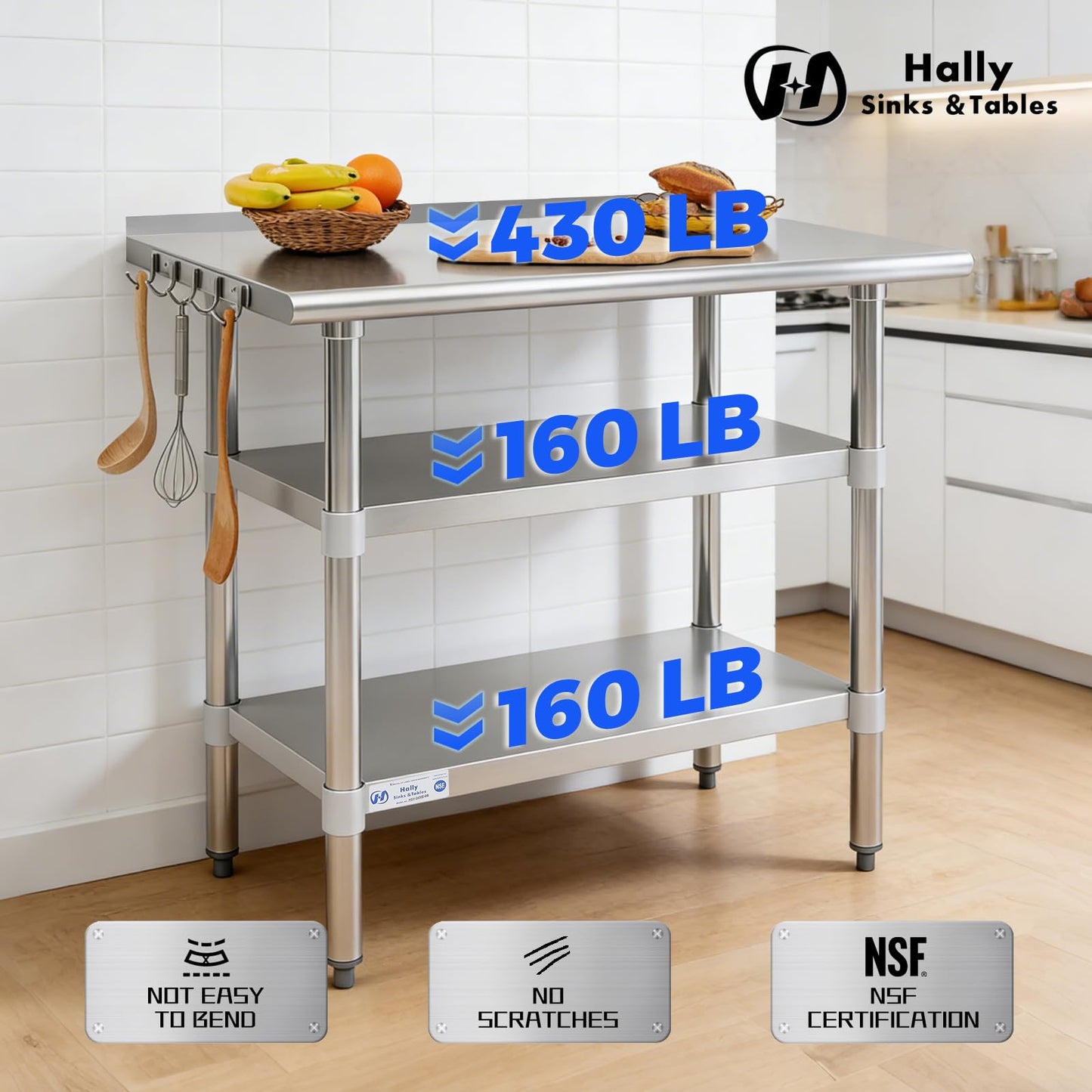 Hally 24 x 36 Inch Stainless Steel Prep Table with Backsplash, NSF Certified, 2 Adjustable Undershelves and Removable Hook for Kitchen, Restaurant, Garage