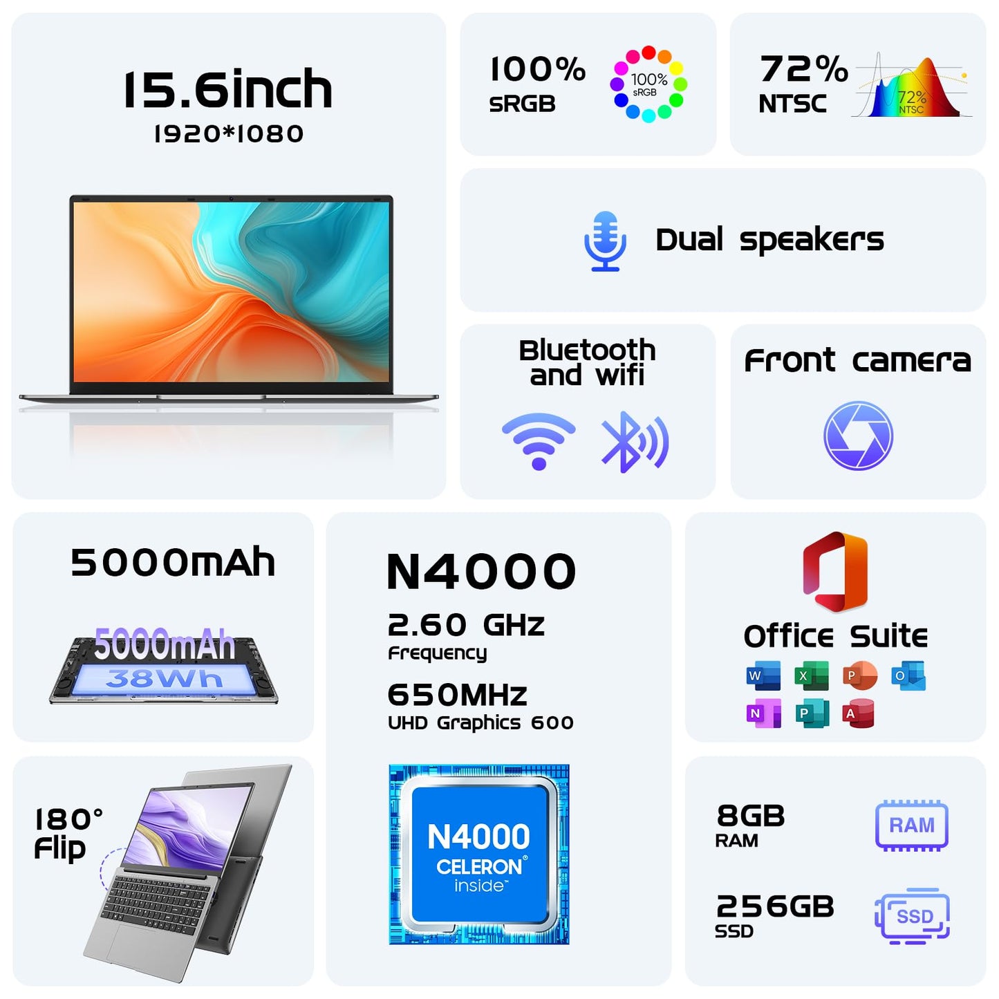 HYPERSTRIX Laptop Computer 15.6" Win11 Pro Laptops 8GB RAM 256GB SSD,Ms Office 365, 100% sRGB Screen, N4000 Processor, Notebook, Dual Band WiFi5, BT4.2, USB-A, HDMI,FHD 1920 * 1080 Display,Silver