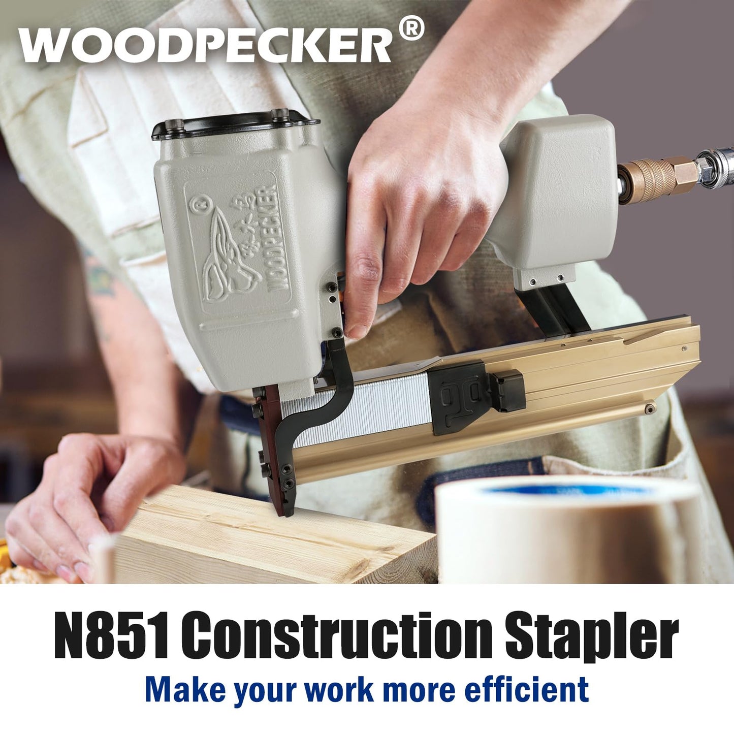 Woodpecker 16-Gauge 7/16-Inch Medium Crown Construction Stapler, Fits 1-Inch to 2-Inch Length Staples, Pneumatic Heavy Duty Wide Crown Stapler Gun