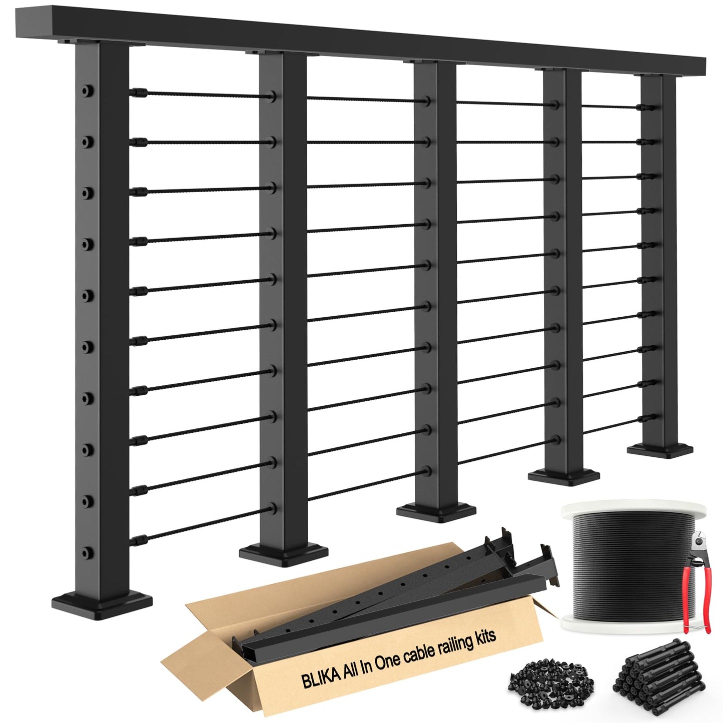 BLIKA 6'6"-13FT Complete Set 36" Cable Railing Post Kits, Surface Mount Deck Cable Railing System with Handrail & Swageless Tensioner, Pre-Drilled Black Stainless Steel Cable Railing Posts