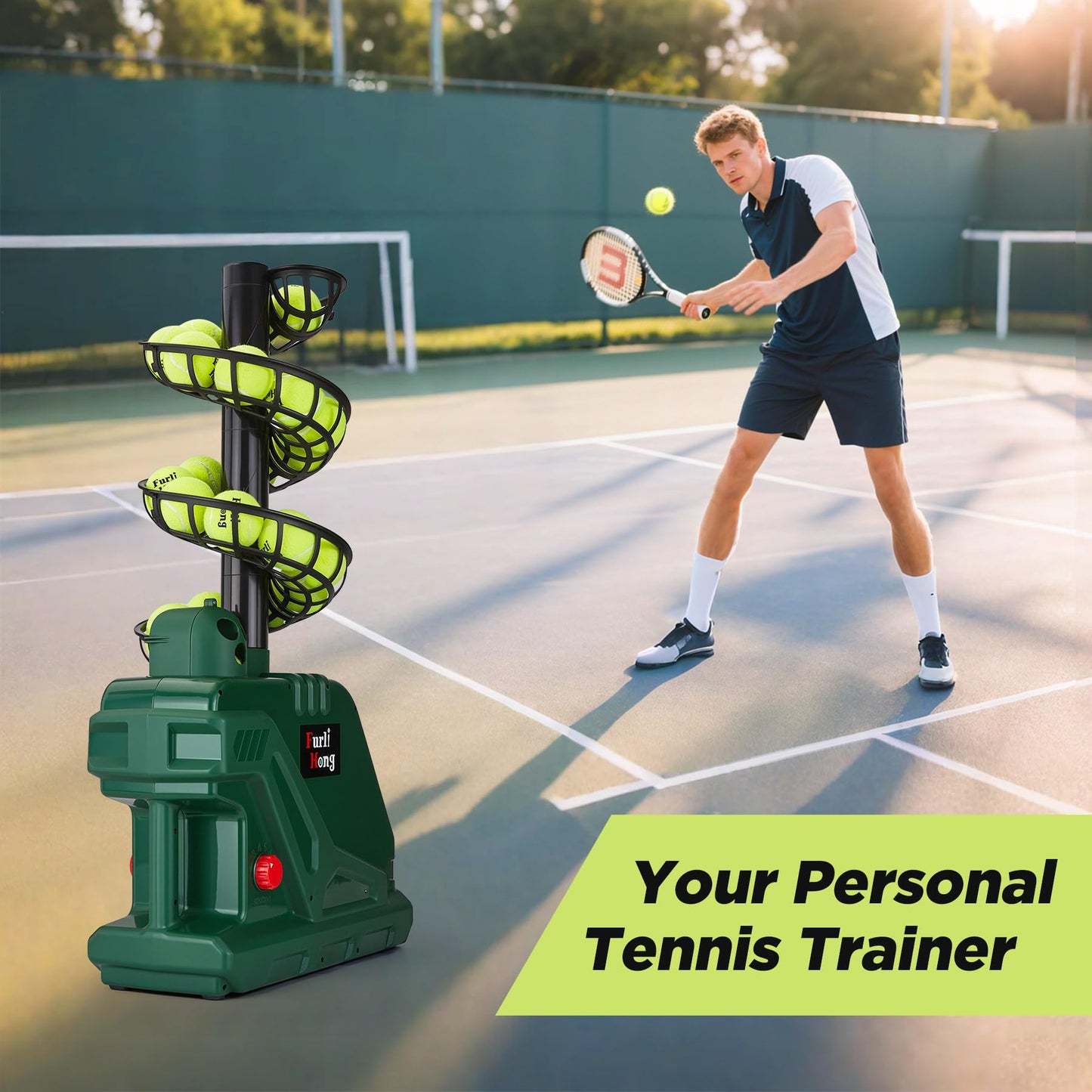 Furlihong 3819BH Portable Tennis Ball Machine – 5 Adjustable Angles, 2 Power Levels, 4 Serve Intervals, Up to 30 MPH, for All Skill Levels Training