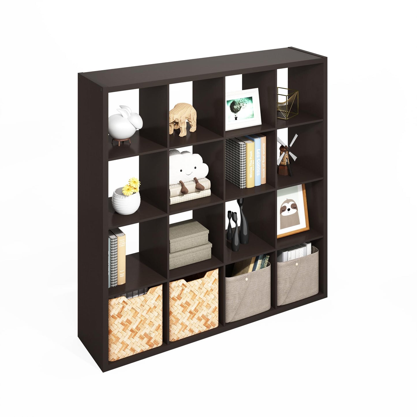 Furinno Simple Cube Storage Organizer, 16-Cube Display Shelf, Open Back Shelving Unit, Storage Shelves, Extra Thick Frame, for Organization and Storage, Living Room, Home Office, Black Dark Oak