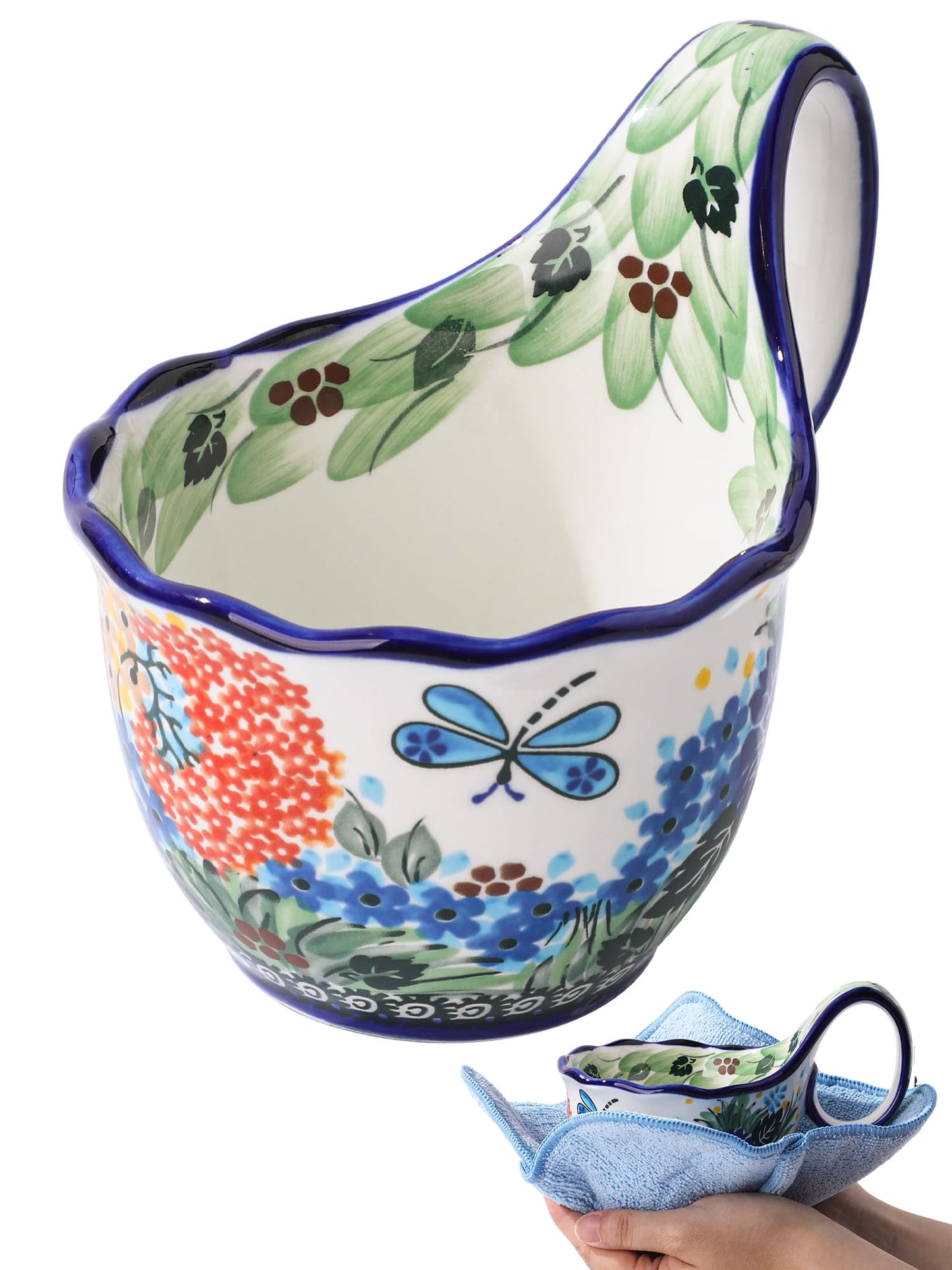 CKERAVOX Soup Bowl with Handle, Microwavable Ceramic Soup Mug with Bowl Snuggies, Handpainted Soup Cups for Stew, Fruits, Chili, Gift for Women Mother, Petite Floret