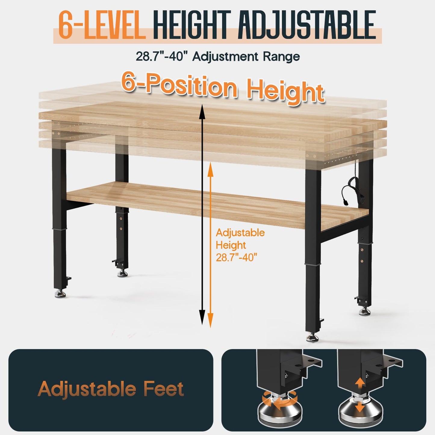 SPECRAFT 48"x20" 2-Tier Adjustable Workbench with 4 AC Outlet and 2 USB Ports Power Outlets, 2500 Lbs Capacity Heavy Duty Workbench, Rubber Wood Top for Garage, Workshop, Office