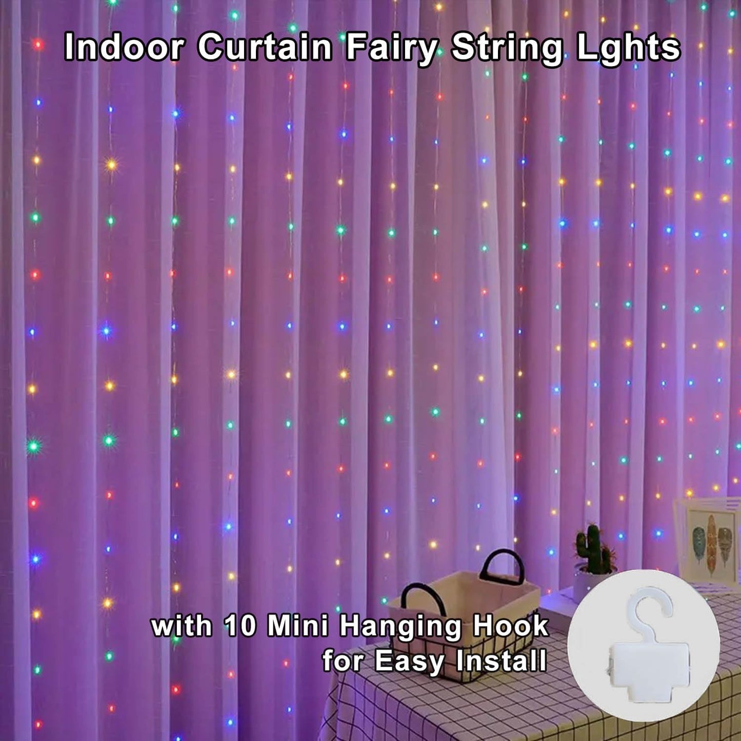 Skiennix 300 LED Curtain String Lights - 8 Light Modes | 9.8x9.8Ft Remote USB Plug for Indoor/Outdoor Decor