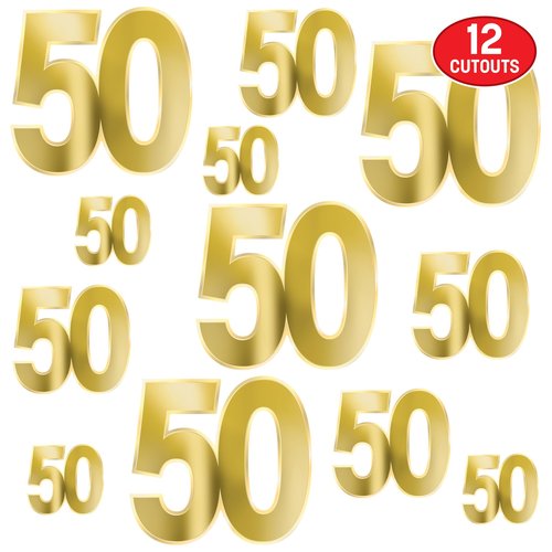 Beistle Foil 50 Birthday Cutouts – 12 Gold Metallic Number Decorations in 3 Sizes, Golden Anniversary Celebration Decor, 50th Themed Wall Ceiling Display, Fiftieth Birthday Parties, 4.5" - 11.5"