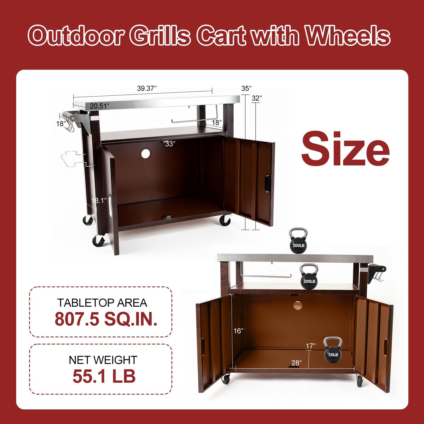 BBQMall Outdoor Grill Cart with Stainless Steel Top & Large Storage Cabinet, Movable Kitchen Island with Wheels for BBQ Food Prep, Pizza Oven Stand 39" x 20" x 35"