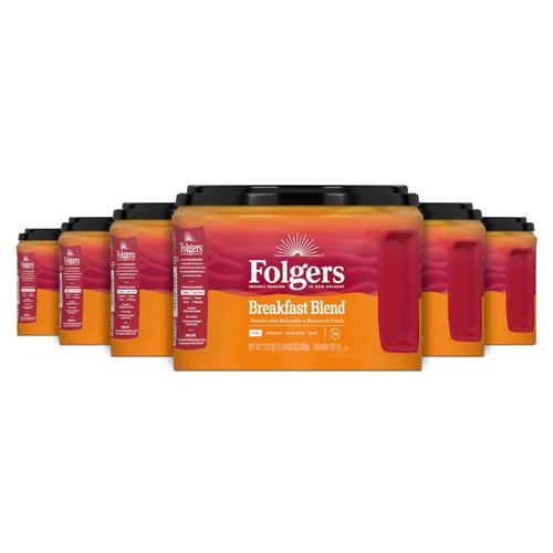 Folgers Breakfast Blend Ground Coffee, Mild Roast, 22.6 Oz. Canister (Pack of 6)