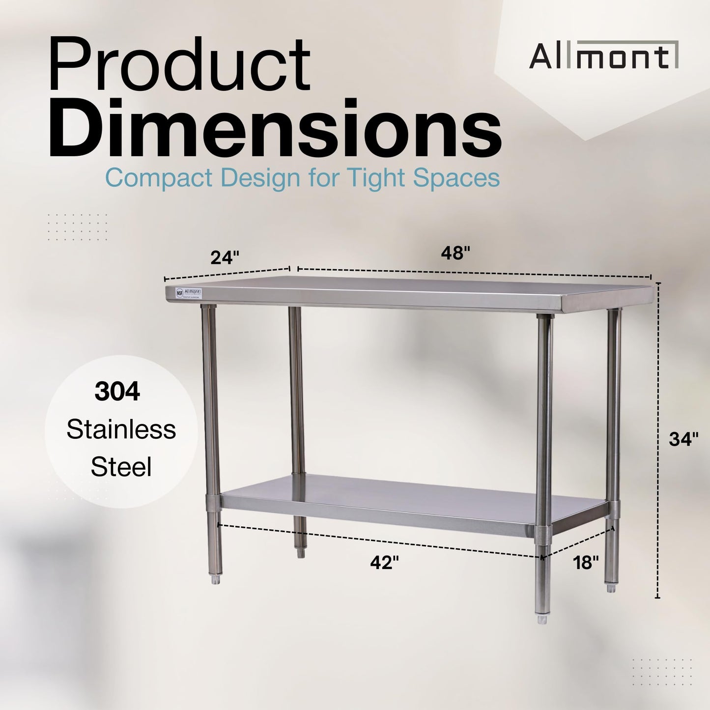 Allmont ALL16GWT2448 24" x 48" Stainless Steel Work Table, Silver