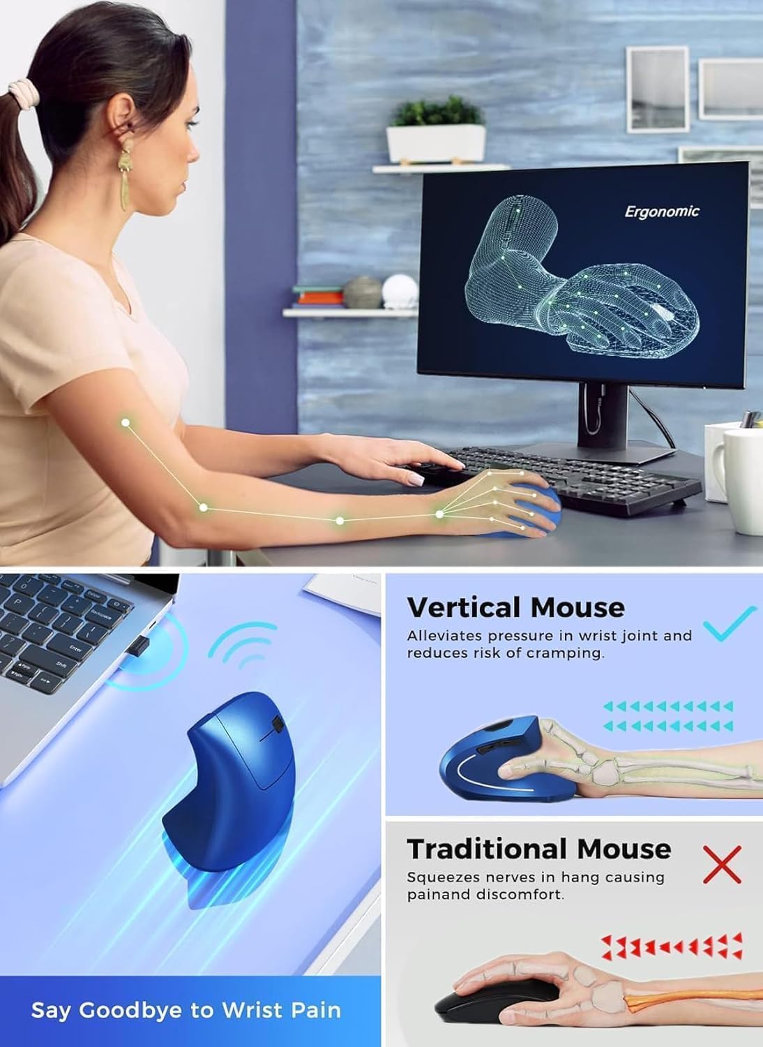 BeWishes 2.4GHz 3 800/1200/1600 Ergonomic Mouse Wireless, Rechargeable Mouse Silent for Carpal Tunnel Right Hand, USB