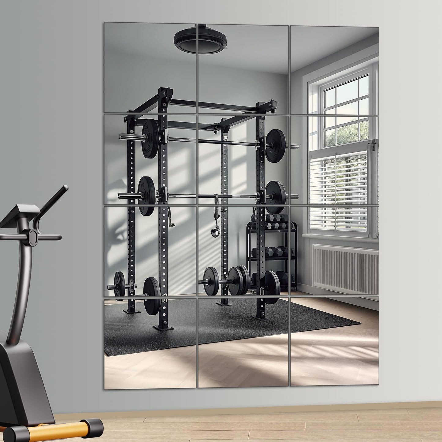 VSAR House Home Gym Mirror, 12Pcs 12" Square Wall Mirror Tiles, Frameless HD Glass Full Length Wall Mirrors for Wall Decor, Bedroom, Living Room, Over The Door, Self Adhesive