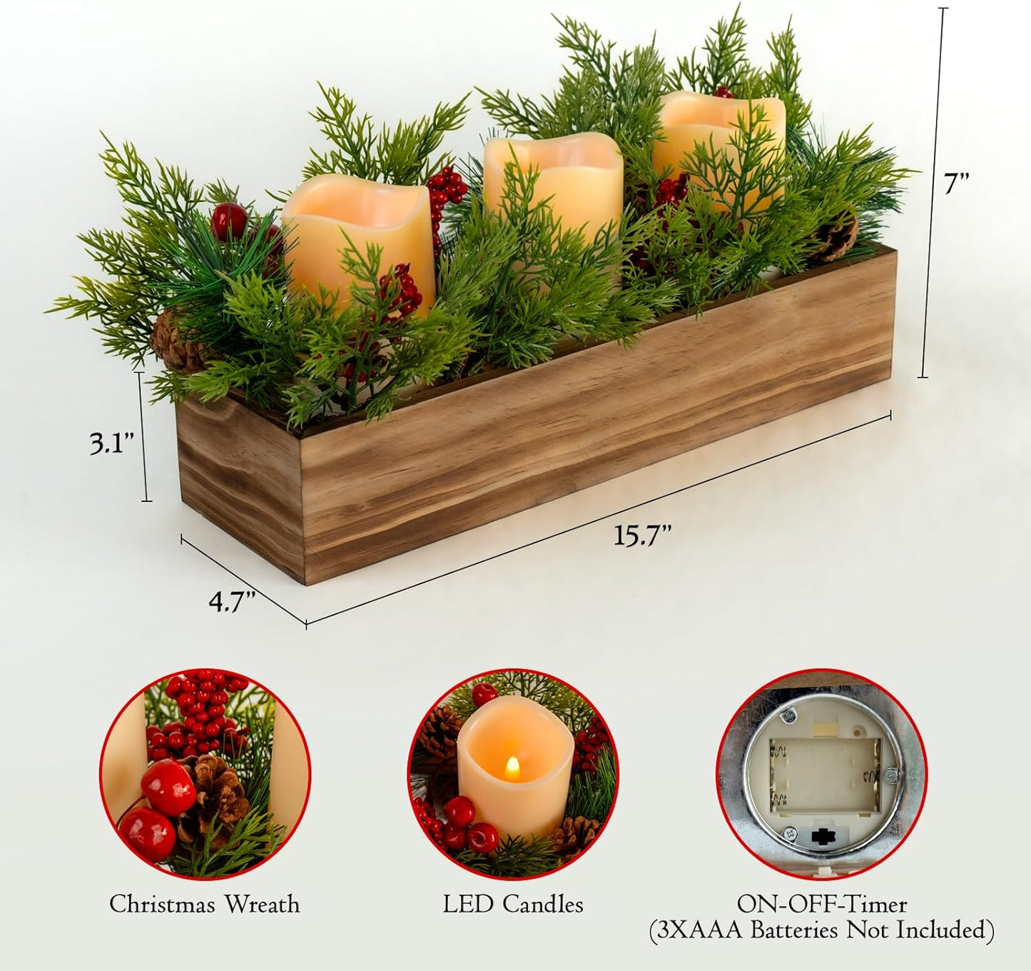 Skiennix Christmas Candle Holder Centerpiece - 3 Flameless Candles with Pine Cones & Red Berries